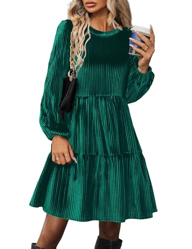 Zeagoo Damen Festlich Kleid Laternenärmel Rüschen Winterkleider Elegant Einfarbig Weihnachtskleid Langarm Kurz Partykleid Cocktailkleid Grün XL