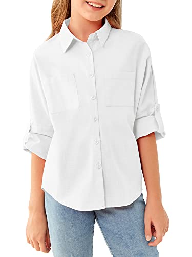 Modershe Girls Roll Up Cuffed Sleeve Button Down Shirts Cute Casual Pockets Blouses 5-14 Years Kids Loose Collared Tunic Tops White #TOP6