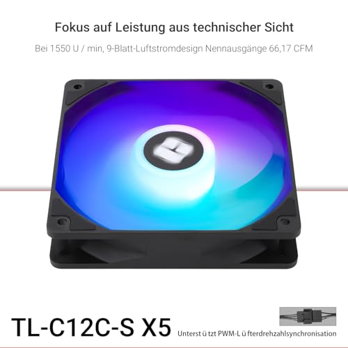 TR-Thermalright TL-C12C-S X5 120mm 5er-Pack CPU PWM ARGB Lüfter, 1550U/min Stille Kühlung, Schwarzer CPU-Lüfter, Kann mit Chassis/CPU-Kühler Gekoppelt Werden