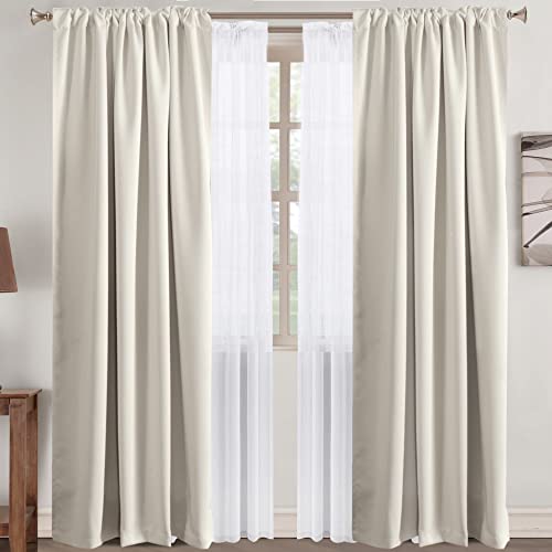 Turquoize Cream Beige Curtains Back Tab Blackout Curtains for Livingroom Bundle Pure White Linen Sheer Curtains 52W X 84L Inches, 2 Panels
