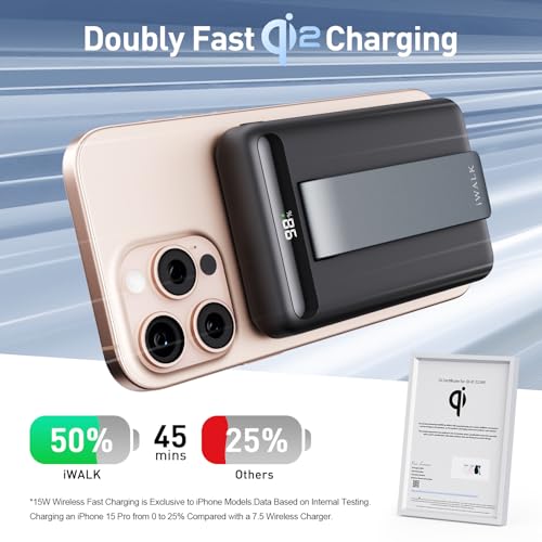 iWALK Qi2 Certified 15W Magnetic Wireless Power Bank for iPhone 16/15/14/13/12, 10000mAh Fast Charging, Adjustable Stand