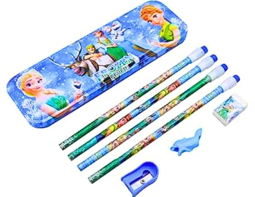 Image of Kidox Stationery Set for Kids- Birthday Gift for Girls, Boys - Metal Geometry Box for Girls & Boys Kids Pencil Box Set, Pencil Case Set, Pencil, Erasers, Sharpener for Children (Frozen)