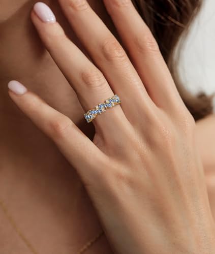 14K Gold Plated Eternity Ring Band for Women Princess Cut Created Blue Aquamarine CZ Stackable Wedding Promise Rings for Her Size 4-114
