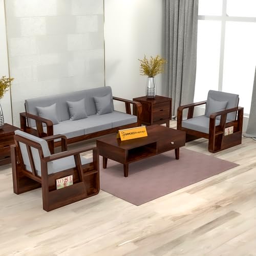 Image of Sheesham Wooden 5 Seater Sofa for Living Room | Solid Wood Sofa with Side Newspaper Holder | Rosewood Sofa Set for Home & Office | Lounge (Walnut Finish, 3+1+1 Seater)