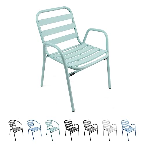 THE SECRET HOME - Silla de Aluminio con Reposabrazos para Jardín - Alto 76 cm x Largo 56 cm x Ancho 48 cm - Color Verde Claro - Asiento Apilable de Exterior para Balcón, Terraza y Jardín