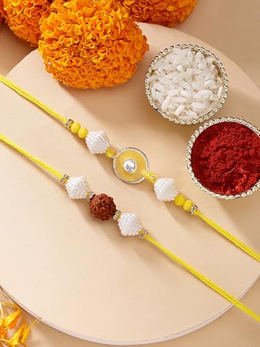 Image of Karatcart Set of 2 Yellow Evil Eye & Rudraksha Handmade Kundan Rakhi for Brother with Roli & Chawal