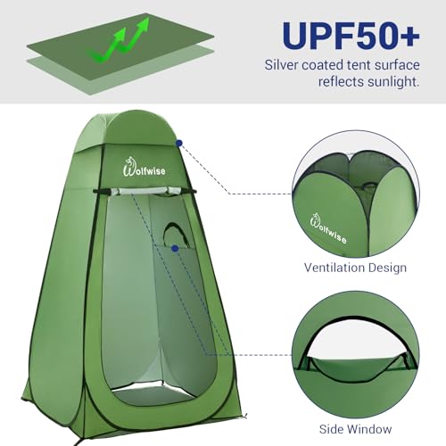 Image of WolfWise PRO Pop Up Shower Tent with Silver Coated, Floor and Rain Fly | Portable Changing Tent with Window & Carry Bag for Camping, Outdoor Privacy Toilet Bathroom with UV Protection, 75 inch /79 inch /83 inchH