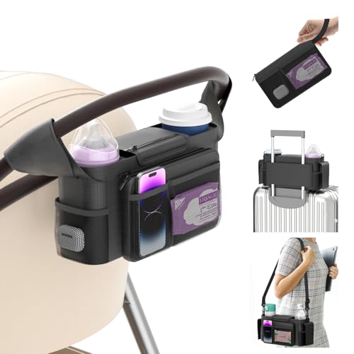 Image of KDD Universal Stroller Cup Holder with Organizer Bag Caddy with Detachable Wristlet Pocket & Shoulder Strap, Stroller Accessories Fits Uppababy, Doona, Nuna, Baby Jogger, Britax