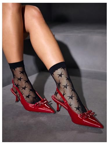 Image of SHENHE Women's Sheer Fishnet Rhinestone Hollow Out Thin Mid Calf Anklet Crew Socks