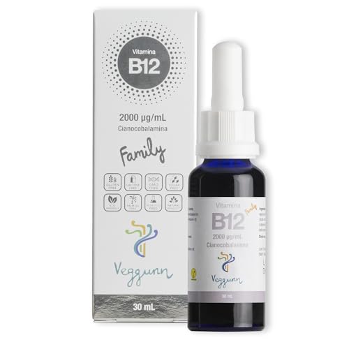 VEGGUNN - Vitamina B12 Familiy - Bote de 30 ml. Vitamina B12 Sublingual - 2000 mcg por mililitro, Natural, con Certificado Vegano - Vitaminas para el Cansancio con Suministro para 30 Semana