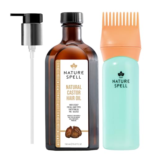 Nature Spell Castor Oil for Hair Skin Eyelashes Eyebrows and Nails Pre-Diluted Castor Oil for Hair Growth & Scalp Split Ends and Dry Skin with Pump and Root Comb Applicator Vegan 150ml