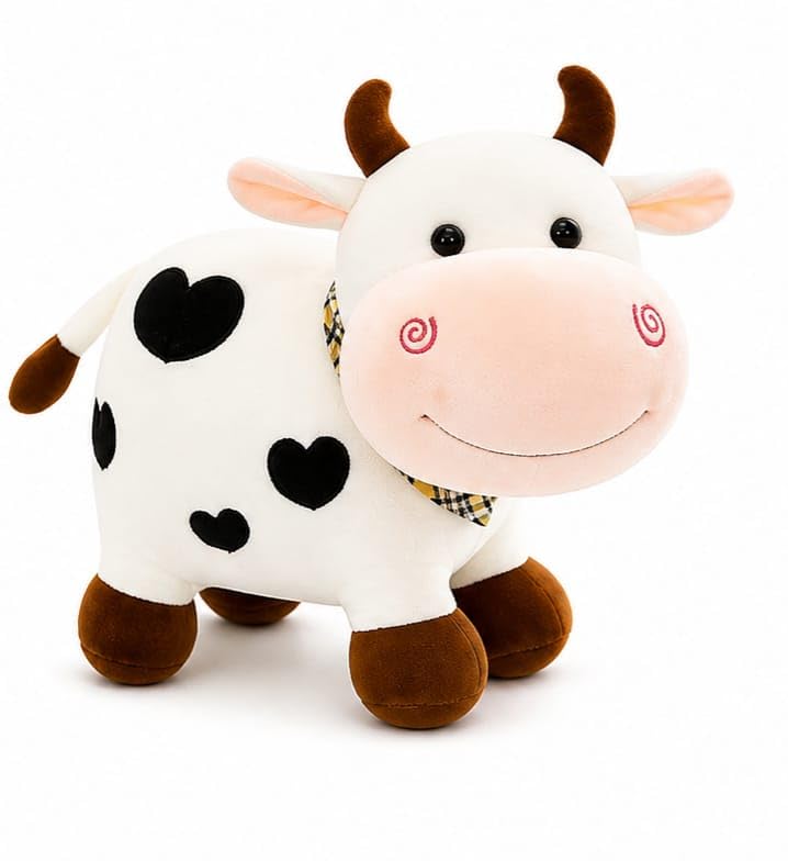 Image of Cute Cow Soft Toy Plush | Stuffed Animal Cow Teddy for Kids | Soft & Huggable Toy for Boys & Girls | Baby Safe Gift Item (White & Brown, 25 cm)