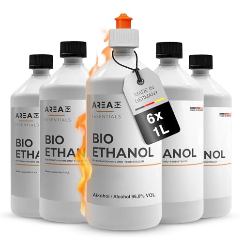 Area52 Bioethanol 6x1L Set Ethanol Reiner Ethylalkohol mit 96 6% Reinheitsgrad Für Ethanolkamine Tischkamine & Bioethanol-Feuerstellen Geruchslos & rußfrei Für Indoor & Outdoor (6 x 1L)