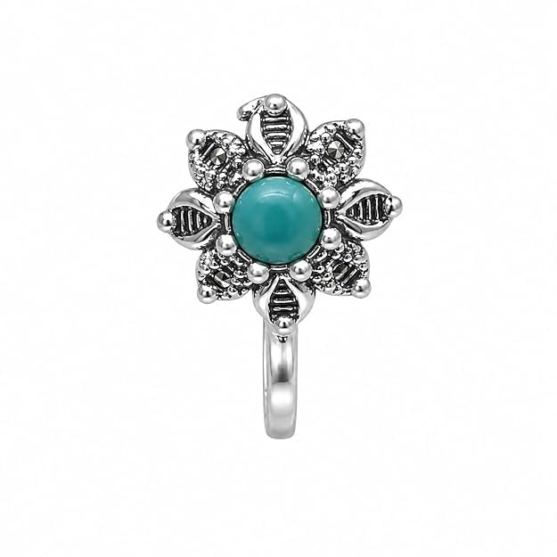 Plus Jewellery Stunning Oxidised Silver Finish Aqua Green Stone Floral Star Design Adjustable Nose Pin | Press-On Nose Ring | Without Piercing | Nathiya | Nathani | For Women & Girls-image-40
