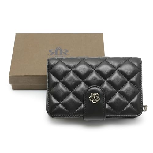 2R Quilted Lambskin Leather Wallet with Rose Charm, Multiple Card Slots, Black4