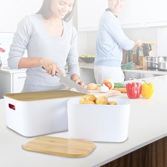 Potato and Onion Storage Bin Set,Vegetable Storage for Onion and Potato Storages Bins,Kitchen Storages Organization with Bamboo Lid&Handle,Produce,Fruit,Bread,Snack,Potatos Basket for Pantry