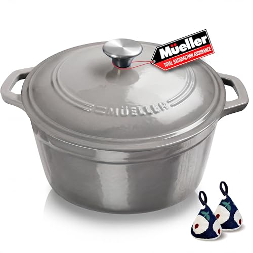 Mueller 6 Quart Enameled Cast Iron Pot Dutch Oven, Heavy-Duty Oven-Safe up to 500° F, & Across All Cooktops, Casserole Dishes for Ovens, Bread Pan with Lid and Knob, Cast Iron Cookware, Grey