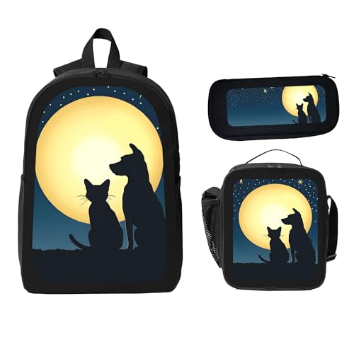 Moon Galaxy Cat Dog Large 3-Piece Backpack Set with Insulated Lunch Box & Pencil Case Waterproof 17 Inches Backpacks Bag Back Packs Pencil Pouch Lunch Bag for Men Women 3 Pcs (Black)2