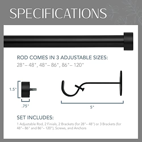 Elrene Home Fashions Serena Single Curtain Rod for Curtains and Drapery with Contemporary Cap Finials, 1-Inch Diameter, 86" - 120" Adjustable Rod, Antique Black by Elrene - Image 4