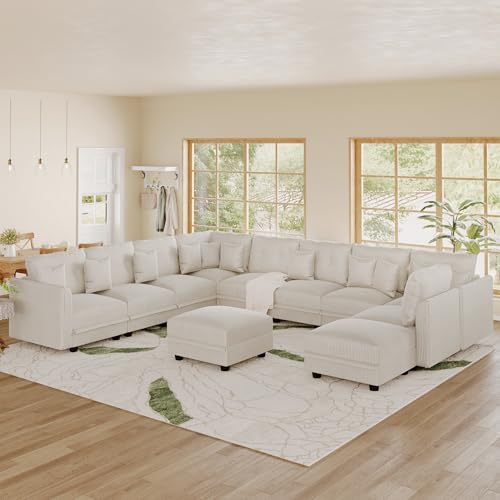 Image of LLappuil 11-Seat Modular Sectional Sofa with Storage, Oversized V-Shaped Corduroy Couch with 10 Throw Pillows, Pet-Friendly Convertible Pit Sofa for Large Living Room, Skin-Friendly, Beige