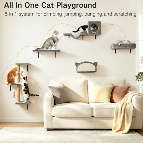 Juego de estantes de pared para gatos 5 en 1 gris miniatura 2