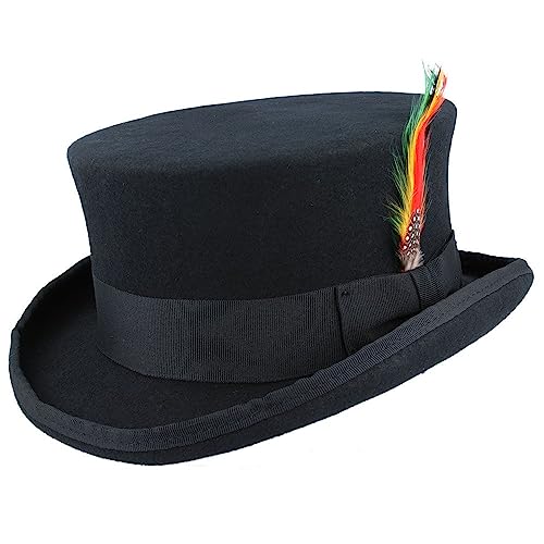 ARG Hand Made Wool Top Hat Satin Lined Riding Equestrian Ascot Event Dressage Topper with Removable Feather Small to XL (as8 Alpha s Black)