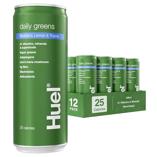 Huel Daily Greens Sparkling Drink 12 x 330ml Cans Blueberry Lemon & Thyme Flavour with Ashwagandha Root & Green Tea Extract 41 Vitamins & Minerals 3g Fibre Only 25 Calories Vegan