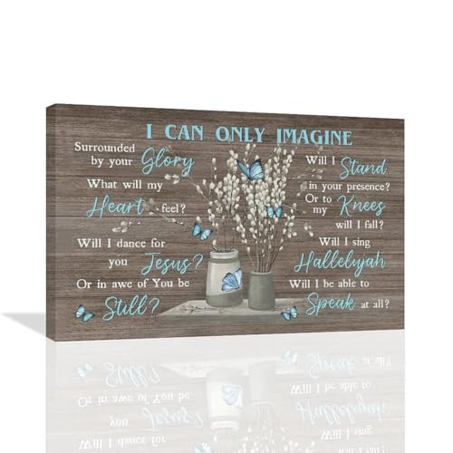 Farmhouse Bathroom Flower Wall Art Rustic Cotton Flower Blue Butterfly Pictures Wall Decor I Can Only Imagine Canvas Painting Print Christian Quotes Artworks Framed for Bedroom Living Room 24"x16"