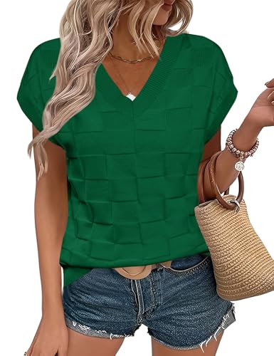 Image of LOMON Womens Summer Cap Sleeve Sweater Vest Casual V Neck Knit Short Sleeve Plaid Pullover Sweaters Loose Fit Work Tops