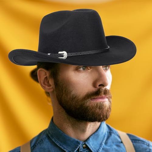 Bawnhaw Felt-Fedora Western-Cowboy-Hat For Women-Men With Gus-Buckle-Belt Bling-Rhinestone Rolled-Up Black Jazz Retro Panama Rodeo-Cowgirl-Hats M thumb #1