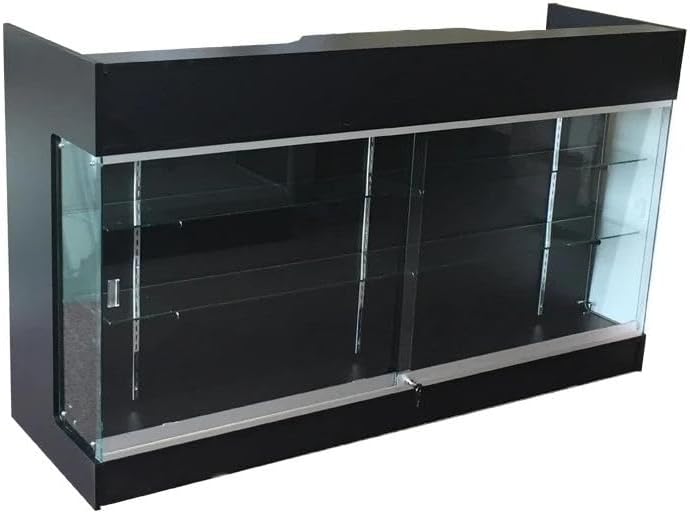 Contador superior de repisa para efectivo con vitrina, 6 pies, vitrina frontal, vidrio templado, cajones y estantes de bloqueo, negro