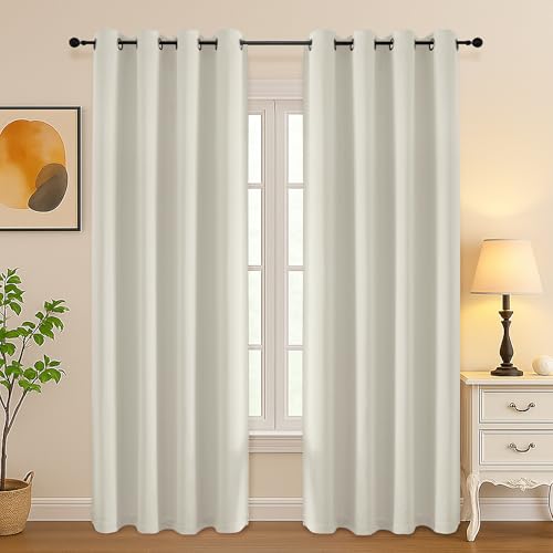 Image of Simplebrand Natural Room Darkening Curtains for Bedroom Living Room 84 Inch Length 2 Panels Set, Thermal Insulated Curtains & Drapes, Solid Grommet Noise Reducing Window Treatment, W50 x L84 Inch