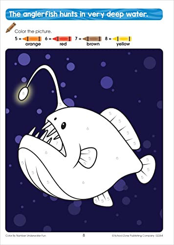 School Zone Color By Number Underwater Fun Workbook: 64 Pages, Preschool, Kindergarten, 1st Grade, Numerical Order, Coloring, Sea Creatures, Ages 4 to 6 (Activity Zone Book Series)
