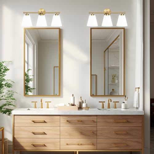 Image of Hamilyeah Gold Bathroom Vanity Light Fixtures Over Mirror, 3 Light Vanity Lights with Frosted Glass, Industrial Vanity Lighting Fixtures for Bath, Restroom