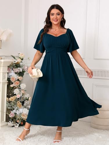 Plus Size Dress Wedding Guest Semi Formal Ruffle Short Sleeve Sweetheart Neckline Slit A Line Flowy Maxi Dresses2