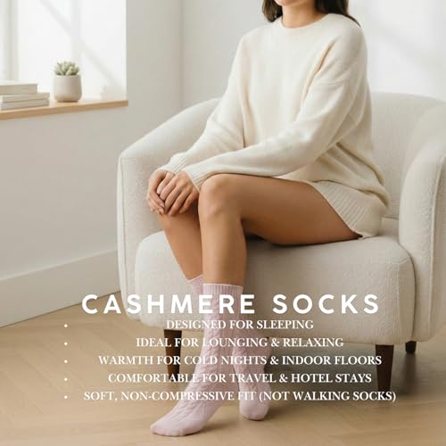 Image of Karen Thomas 100% Cashmere Women's Sleep Socks, 3-Ply Soft Cozy Cable Knit, Luxury Bed Socks for Warmth, Comfort & Lounging