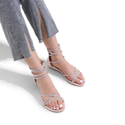 Image of DREAM PAIRS Women's Ankle Strap Flat Sandals Summer Dressy Strappy Gladiator Rhinestones Sandals
