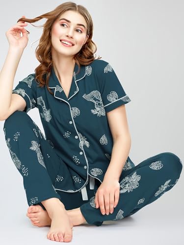 Image of ZEYO Night Suit for Women's Floral & Cheetah Printed Cotton Night Dress of Shirt and Pajama Set 5755