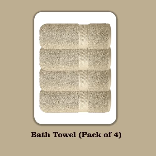 Image of Sulfar 100% Combed Cotton, Quick Drying Highly Absorbent Thick Bathroom Towels, Luxury Bath Towel Set (Pack of 4, 70 X 140 cm) - 600 GSM (Beige)