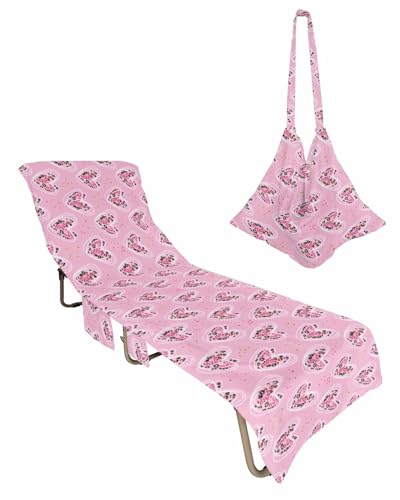 Pink Leopard Valentine Beach Lounge Chair Towel Cover, Soft Chaise Lounge Towel with Side Pockets Patio Pool Chairs Cover for Beach/Pool Sunbathing 29x85 Love Heart Romantic