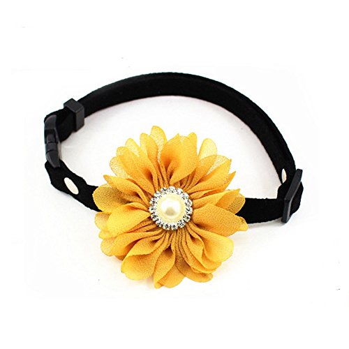 PETFAVORITES Designer Rhinestones Daisy Flower Charm Suede Leather Pet Cat Dog Bow Tie Collar Necklace with Pearl for Pets Cats Extra Small Dogs Female Puppy Yorkie Girl (Yellow, Size S)