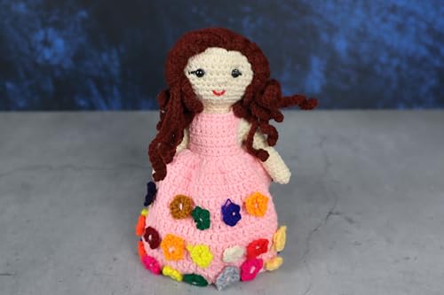 Image of Sutra Handmade Crochet Doll in Pink Rainbow Dress | Wool Amigurumi Soft Toy | Colorful Handmade Gift for Kids, Nursery & Home Decor