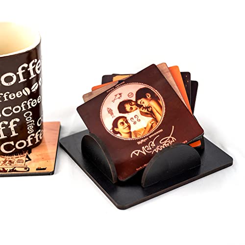 Image of Windup MDF Wooden Printed Coasters Set with Coaster Stand (High-Gloss /Waterproof - 3.5x3.5 inches, Set of 6) - Style: Satyajit Ray Movie Posters