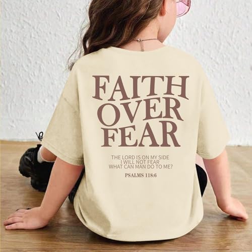 Image of Girls Faith Over Fear Christian Shirts for Kids Jesus God Bible Verse Religious Tshirt Cute Preppy Graphic Tees Tops