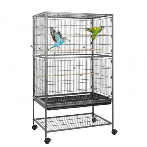 Mucola Vogelkäfig XXL Grau 131x78x52 cm- Vogelvoliere pulverbeschichteter Stahl mit herausnehmbarer Schublade, 4 Futternäpfen, Sitzstangen und Schaukel | Zuchtkäfig für Wellensittiche und Finken