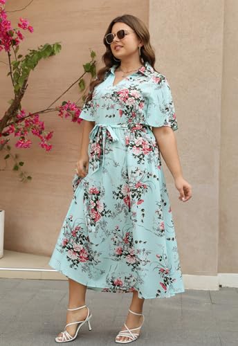 Image of Keluummi Plus Size Wedding Guest Maxi Dresses for Curvy Women, Summer Casual Floral 3 /4 Sleeve Party Wrap Dress with Pockets