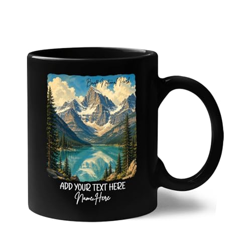 Banff National Park In Canada Cup, Personalized Name Banff Canada Black Coffee Mug, Travel Trip Memories Gift For Hikers Visitor, Canada Trip Ceramic Mug 11 15oz, Customized Moraine Lake Mountain Cup