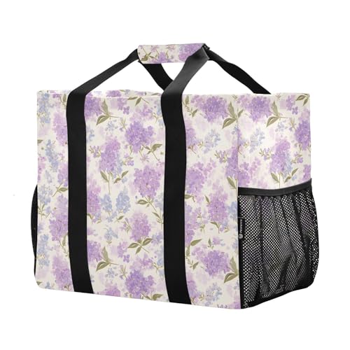 linqin Purple Blue Lilac Flowers Utility Bag for Trunk with Handles Foldable Shopping Bags for Groceries with Pockets for Beach2