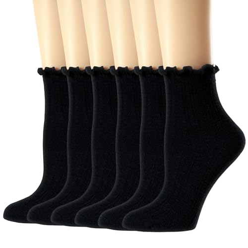 Image of Mcool Mary Womens Crew Socks Ruffle Casual Cotton Frilly Breathable Cute Knit Lettuce Trim Dress Ankle Socks 6 Pack