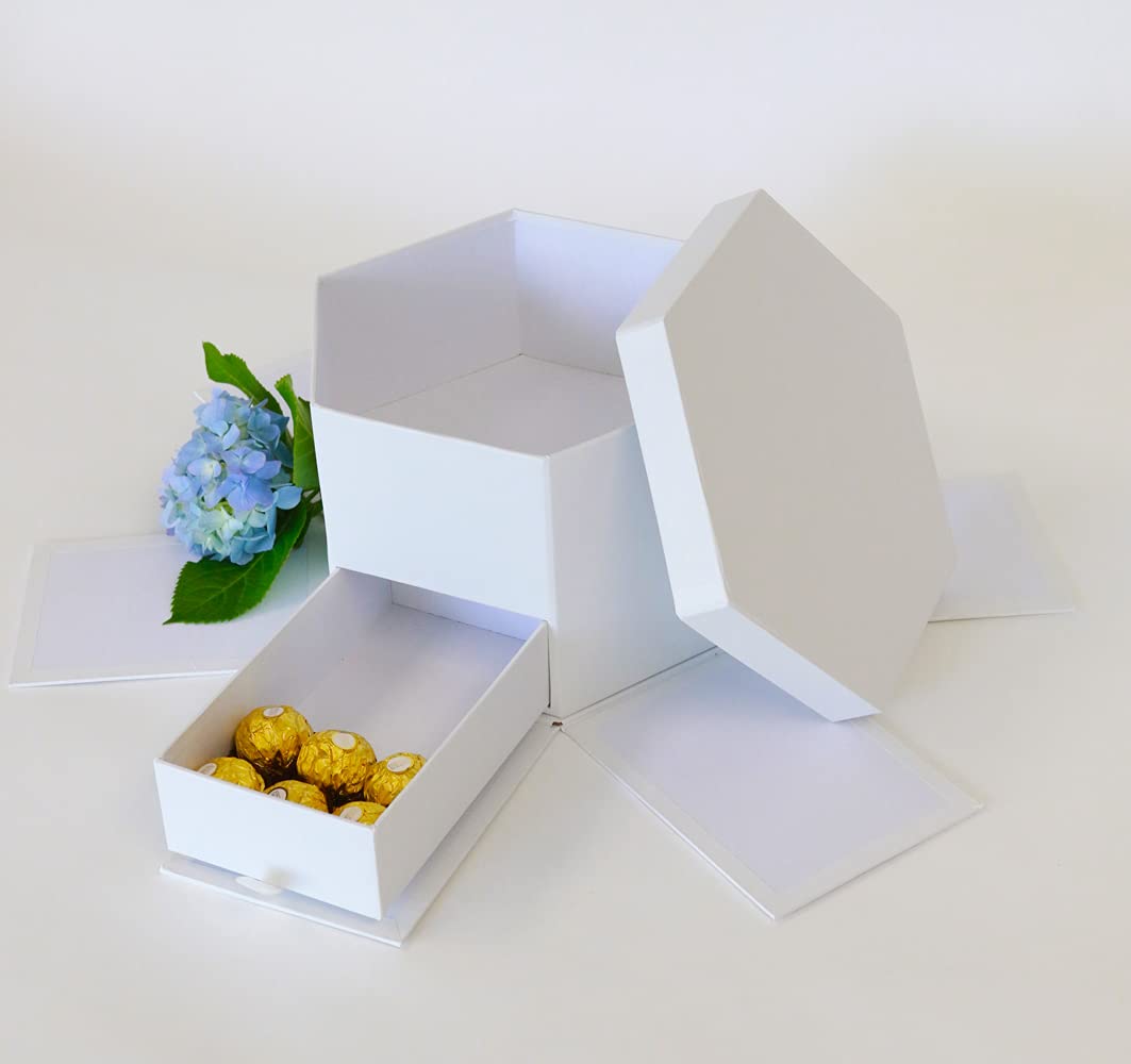USA-SALES UNIKPACKAGING Caja de regalo de flores con forma hexagonal de alta calidad, con cajón, tamaño 9.5 x 8.3 x 6.1 pulgadas, para arreglos florales de estilo lujoso (blanco)